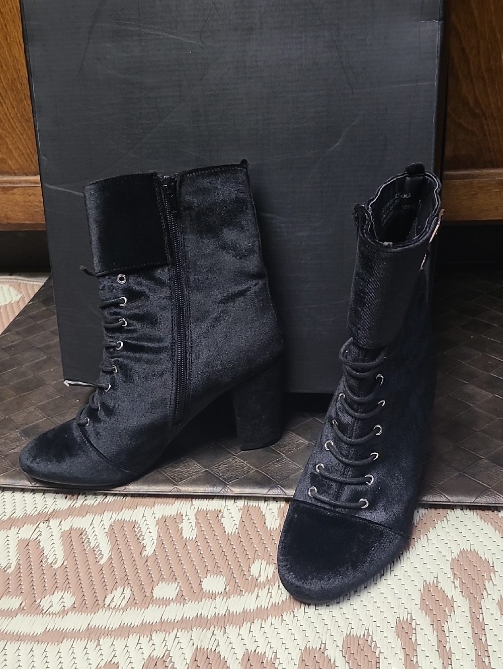 Black Velvet Lace-Up Block Heel Ankle Boots